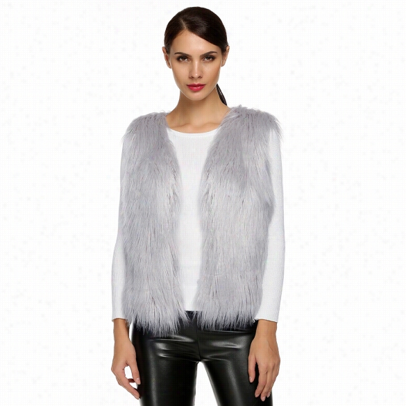 Acevog Women Fashion Casual Sleeveless Cardigan Solid Warm Faux Fur Vest Coat