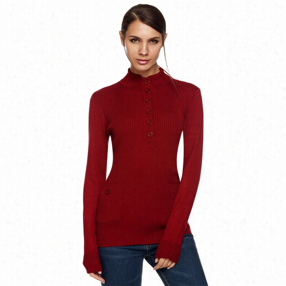 Angvns Stylish Women's Stand Collar Loonng Slev Ebtuton  Ribbed Slim Knitting Top Sweater