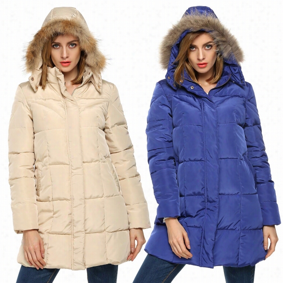 Anggvns Women Casul Hooded Detachable Fax Fur Collar Long Coat Parka Outwear