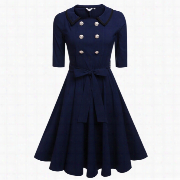 Angvn S Women Faehion Doll Collar 3"4 Sleeve High Waist Belted Solid Stretch Re Tro Evening Swing Dress