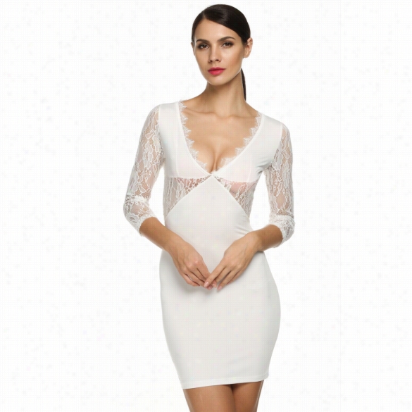 Angvns Women Lace Splicingpencil Dress Deep V Neck Backless Slim Hip Package Casual Mini Dress