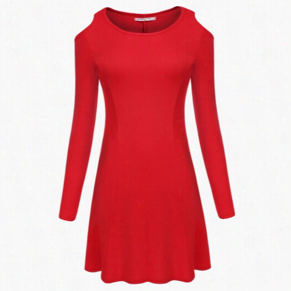 Angvns Women Spring Autumn Casual O-neck Long Sleeve Off Shoulder A-line Slim Solid Dress