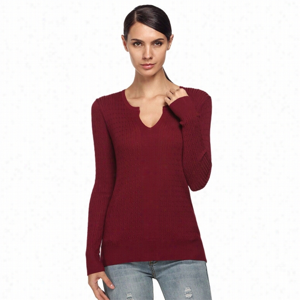 Angvns Wonen's Accidental Slim Notch Neck Long Sleeve Pullov Er Cable Knitwear Sweatee Topp