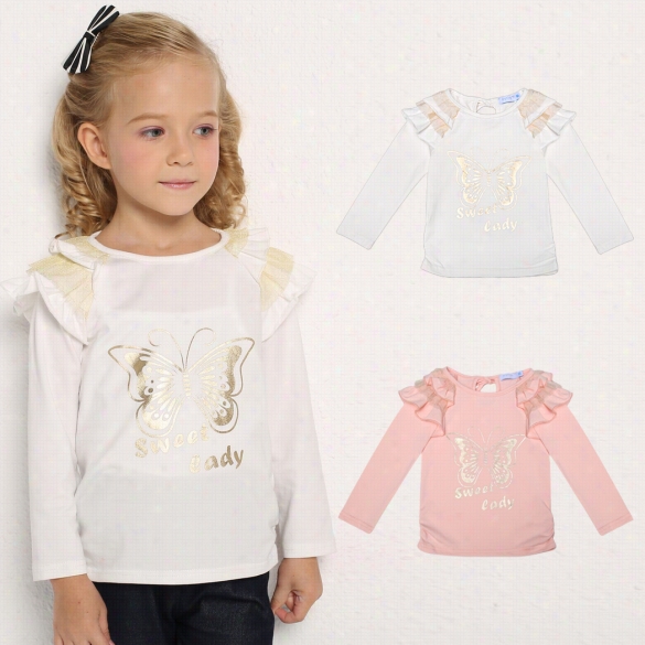 Arshiner Childern Girls Tops Insect Letters Print Rufgle Shoulder Long Sleeve Blouse