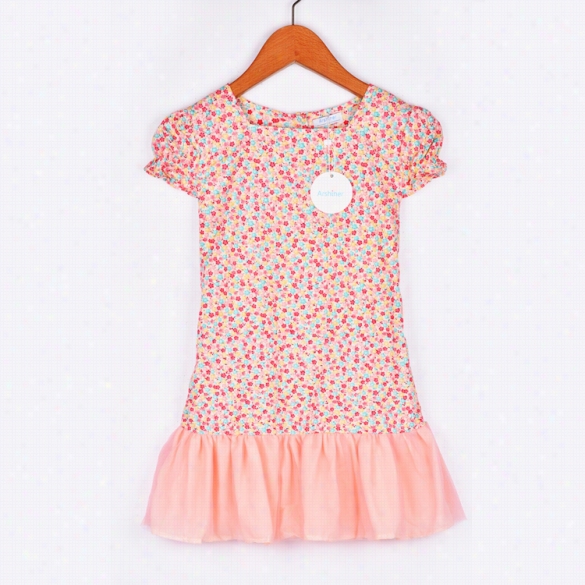 Arshiner Fashion Children Kids Girl's Wear Cap Sleeve Floral D Ress Splicing Net Yar N Mini Casual Dress