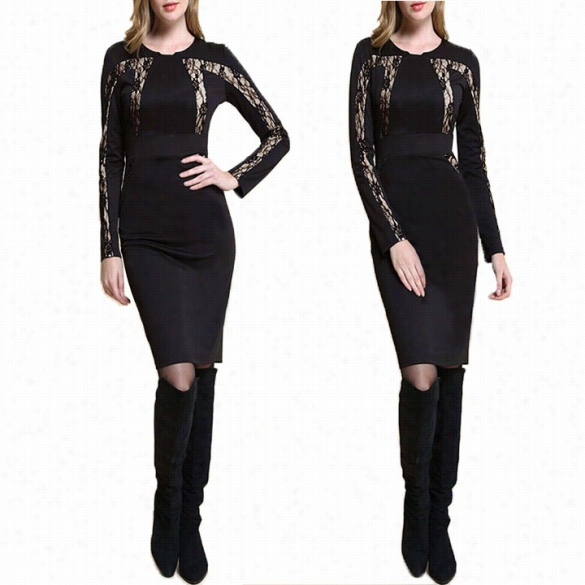 Best Demand New Stylish Lady Women's Sexy New Fashion Longs Leeve O-neck Lace Splicing Dress