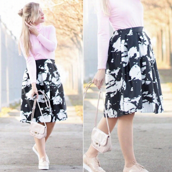 Elegant Ladies Women Skirt Retro Print Contrast Color Pleated High Waist Midi Skirt