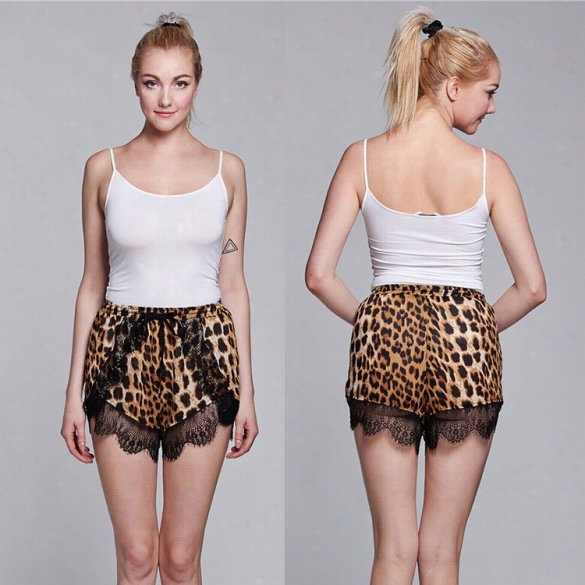 Fashion Ladi Swomen Casual Elastic High Waist Leopard Lace Decor Club Lloose Mini Shoorts