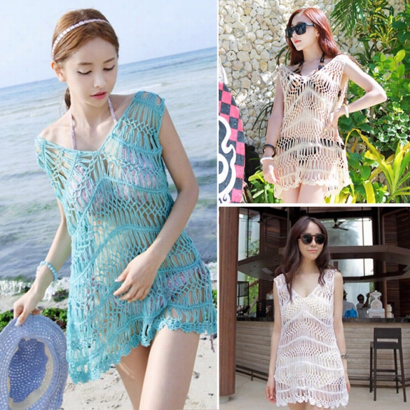 F Ashion New Korean Style Women V-neck Woven Hollow-out Dresss Beach Cover-up