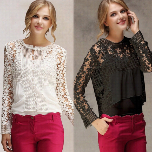 Fashion New Women Casual Lace Tops Hollow Blouse Long Sleeve T-shirt