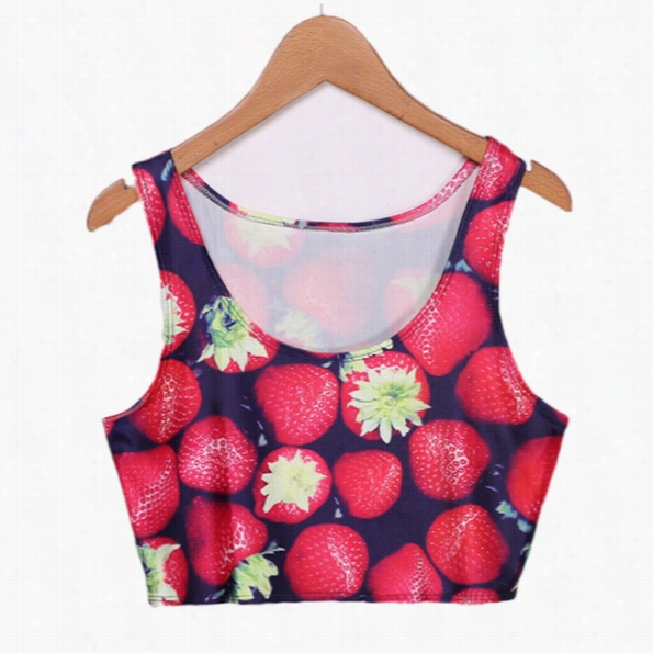 Fashion Sexy Women Craw  Top Vest Sleeveless Strawberry Print Shirt Top Camisole