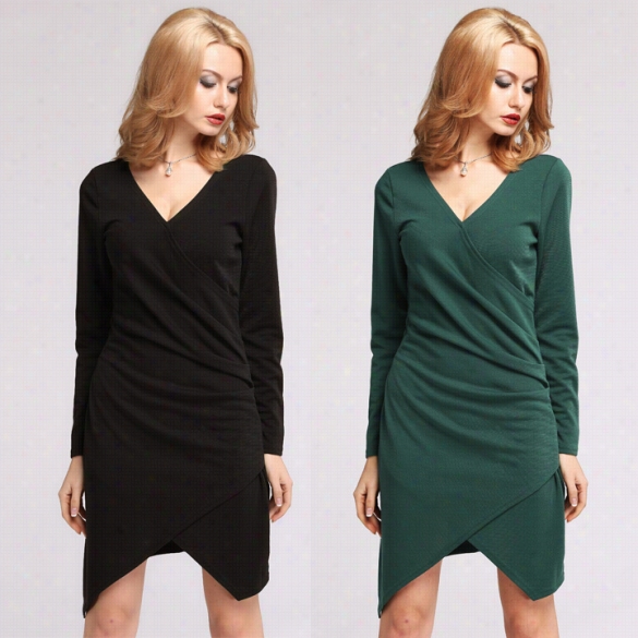 Fashion Sexy Women's Long Sleeve V-neck Dress Irregular Hem Slim-fitting Pencil Dress