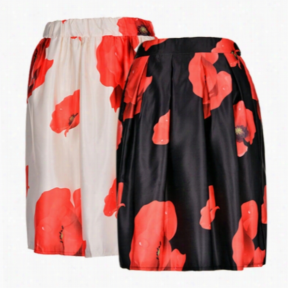 Fashion Women Ladies High Waist Slim Florall Pleated Pargy Midi Skirt