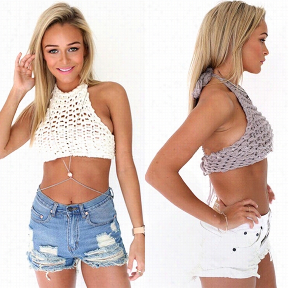 Fashoin Women Laides Sexy Halter Knit Crochet Hollow Out Lace Up Backless Casual Beach Crop Tops