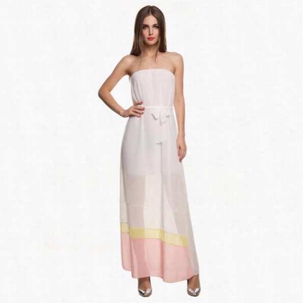 Fahion Women Ladiees Seexys Trapless Paychwork Casual Beach Slim Maxi Long Chiffon Dress With Belt