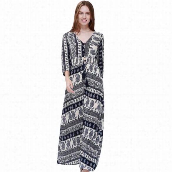 Fashion Women Retro 3"4 Slevee Floarl Print Tunic Casual Beahc Maxi Long Dress