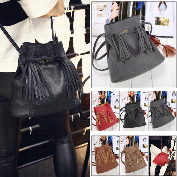 Fashion Women Soft Shoulder Bag Drawstring Bucket Bagg With Tassel