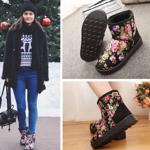 Fashion Women Winter Warm Floral Ankle Snow Boot Flat Heel Fleece Lined