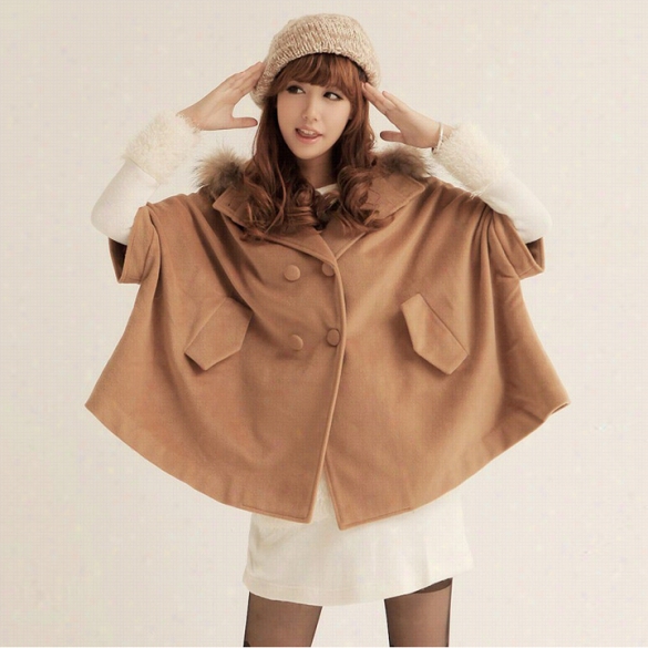 Fashion Women's Warm Fur Colllar Cloak Double Rbeasted Coat Jacket