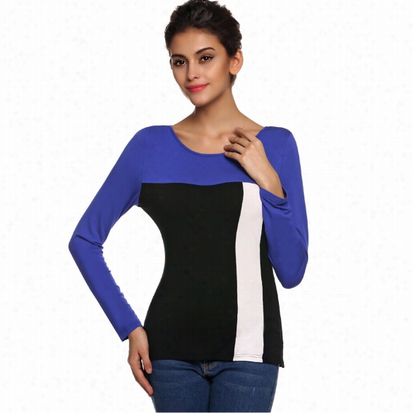 Finejo Stylish Ladies Casual  Splicing Contrast Color O-neck Long Sleeve Slim Top Lbouse