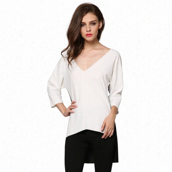 Finejo Stylish Ladies Casuals Titching Sixes Split Asymmetric V Neck 3"4 Sleeve Pullover Top Blouse