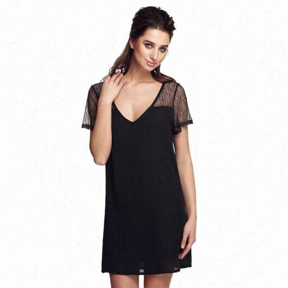 Finejo Stylish Ladies V Neck Hollow Out Net Yarn Patc Hwork Losoe Casual Mini Chiffon Dress