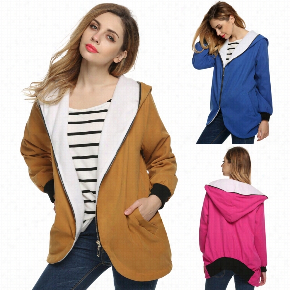 Finejo Stylish Women Irregular Slim Zipper Hooded Fleece Coat Overcoat Jacket