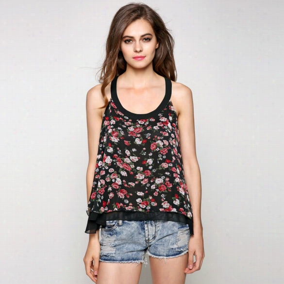 Finejo Sweet Women Sexy Spaghetti Strap Backless Floral Loose Summer Blouse Tosp