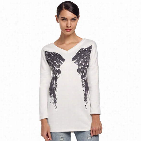 Finejo Women Fashion Casual Sweater V-neck Long Sleeve Wings Print Loose Tops Hoodie