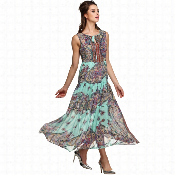Finejo Women Fashion Chiffon Round  Neck Sleeveleess High Waist Print A-line Long Maxi Dress