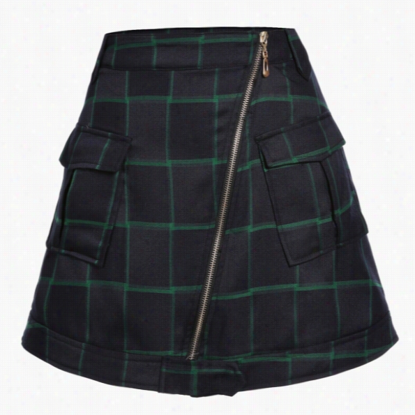 Finejo Women Fashion Classic Plaid Ip Pockets A-line  Short Skirt