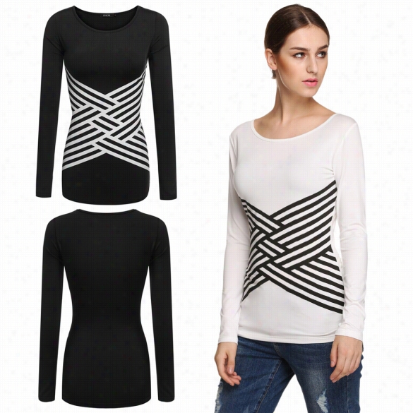 Finejo Women Fashion Cross Stripe Printed Stretch Round Neck  Long Sleev E T Shirt Highest Part