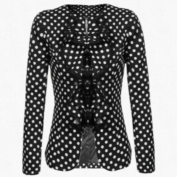 Finejo Women Polka Dot Printing Shoulder Cushion Ruffles Neck Jacket Coat