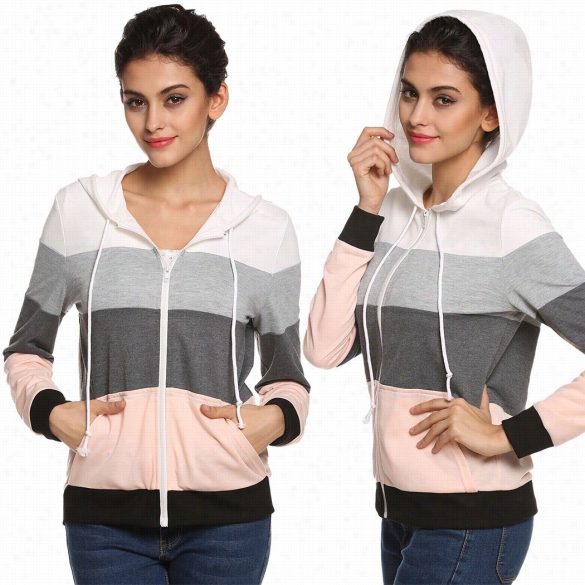 Fnejo Women Sports Hoodie Zipper Long Sleeve Splicing Pockets Hooded Hoody Coat Jacket