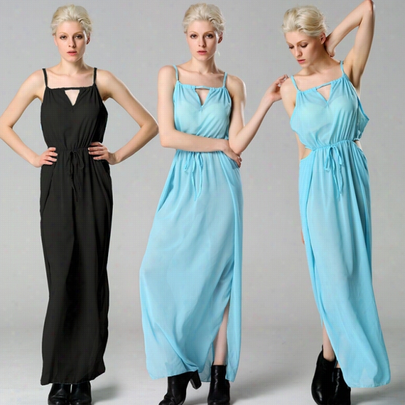 High Quality Fashion Lady Sexy Women's Chiffon Halter Off-shoulder Hollow Outm Axi Long Beach Dress Gown