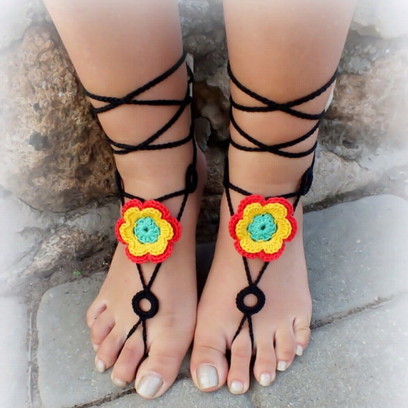 Irascible Fashion Women Handm-ade Knit Croc Het Floral Hollow Out Lace Up Casual Beach Anklets