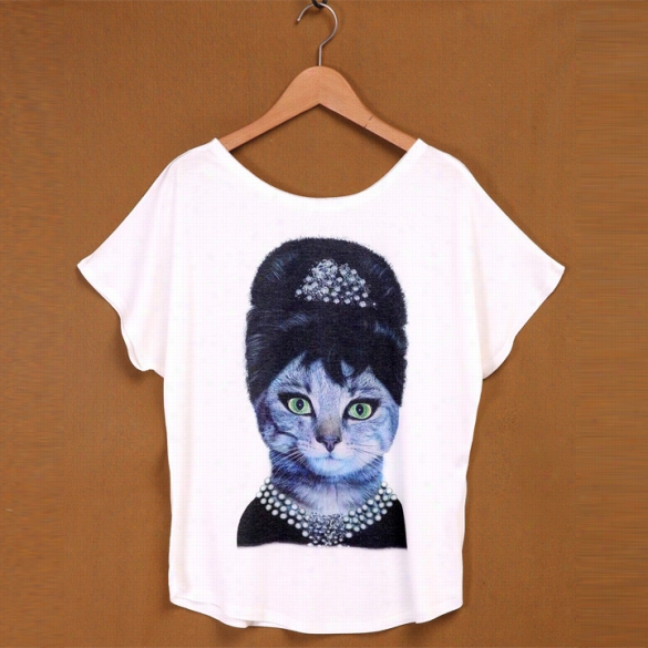 Hot Fashion Women O-neck Short Battwing Ssleeve Animal And Character Print Plus Loose Csual Tops Bblouse T-shirt