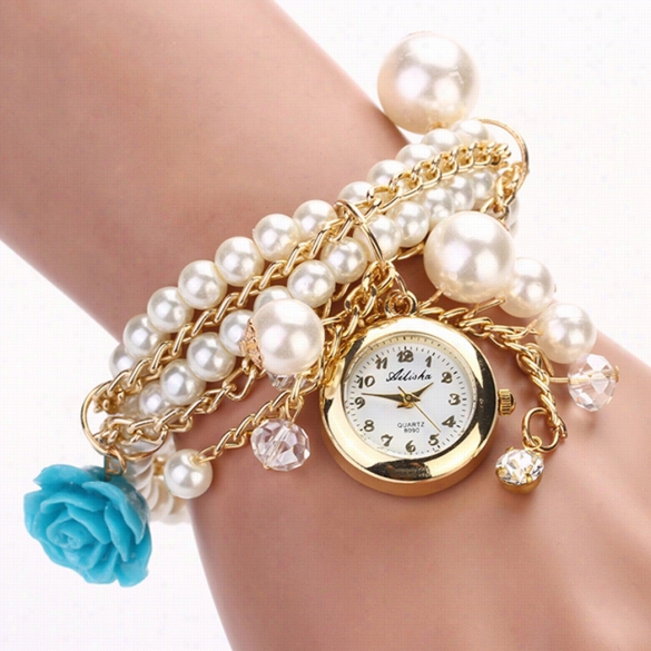 Very Warm Sell Women Rose Flower Faux  Pearl Round Dial Quartz Bracelet Wrist Watch