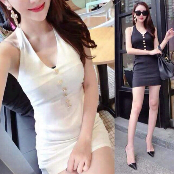 Hot Women Sexy V-neck Halter Front Button Hollow Out Bodycon Packwge Hip Club Mini Dress