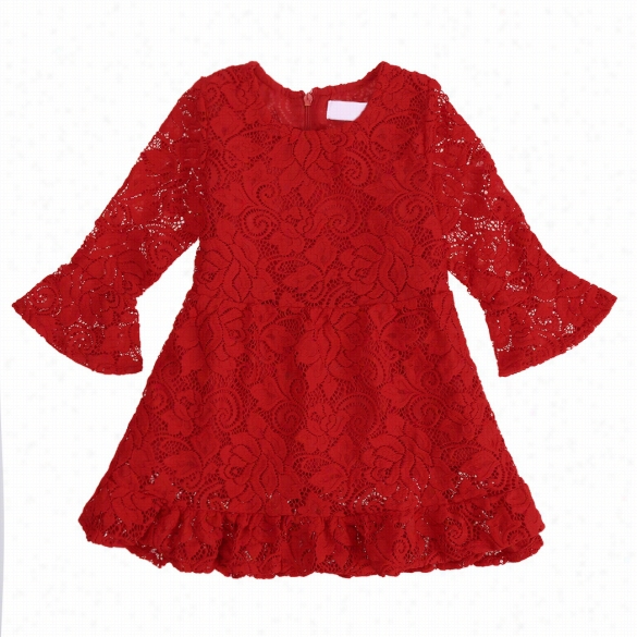 Kids Children Baby Girl Fashion Long Sleeve High Waist Hollow Floral Lace Ruffle Solid Short Dress