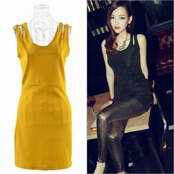 Korea Women's Double Shoulder One-piecd Itting Sexy Dresss Black" Yellow