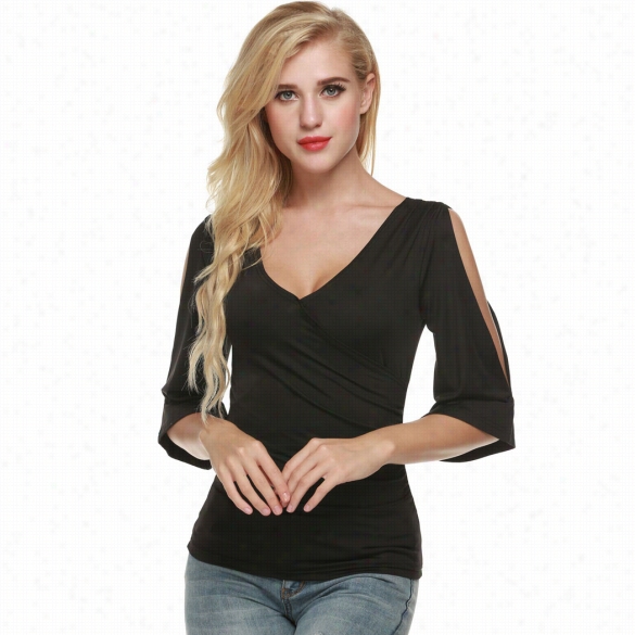 Meaneor Fashion Women Casual V-neck Faux Wrap Flar Sleeve Pullover Tops Blouse