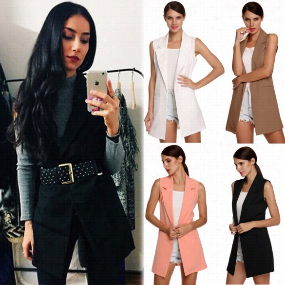 Meaneor Stylish Ladies Women Casual Sleeveless Lapel Poccket Solid Vest Ccoat Long Jacket Wwaistcoat Cardigan Outwear