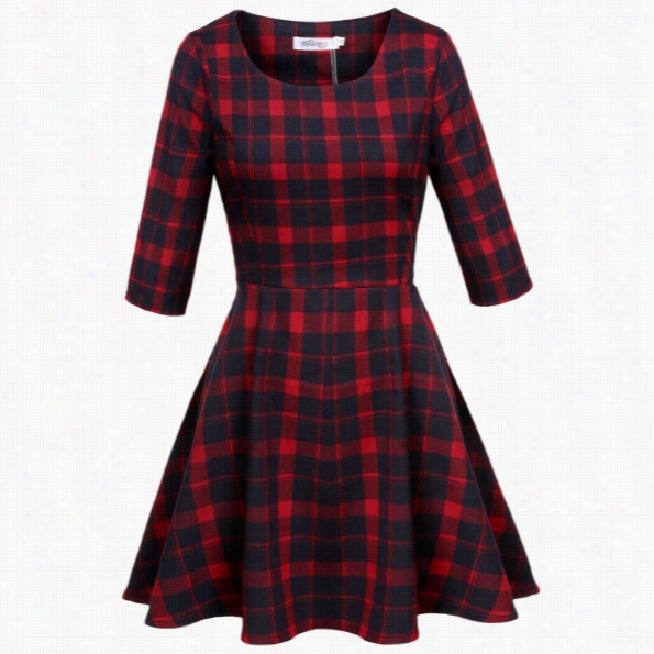 Meaneor Women Casual O-neck Half Sleeve Plaid Rpint High Waist A-line Mini Dress