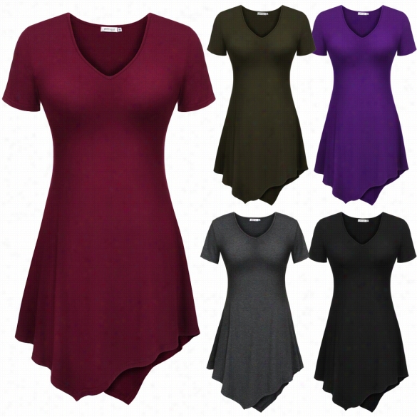 Meaneor Women Casual V-neck Sohrt Sleeve Irregular Asymmetrci Solid Mini A-line Dress