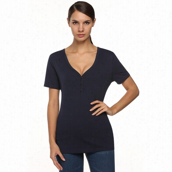 Meaneor Women Fashion Casual Sexy Button V-neck Solid T-shirt Top Blouse