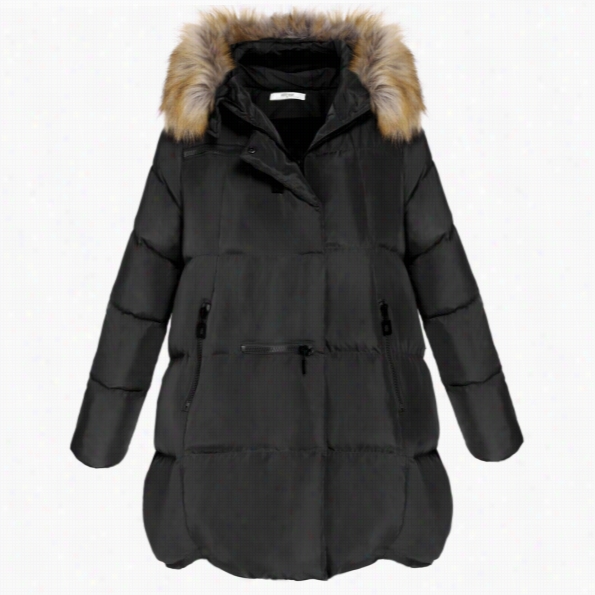 Meaneor Women Fashion Thick Fur Hooded Collar Long Sleeve Multi Pocket Jacket Outwear Parka