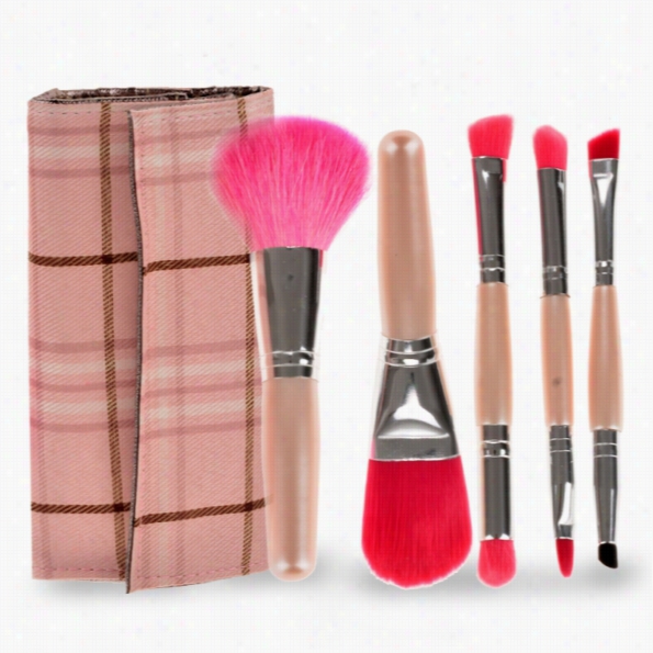 New 5pcs Makeup Brus Multi Sizes Cosmetic Tool Set Kit With Plaid B Ag