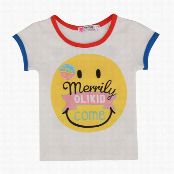 New Cute Kids Girls Korean Style O-neck Short Sle Eve Smile Face Letters Print T-shirt