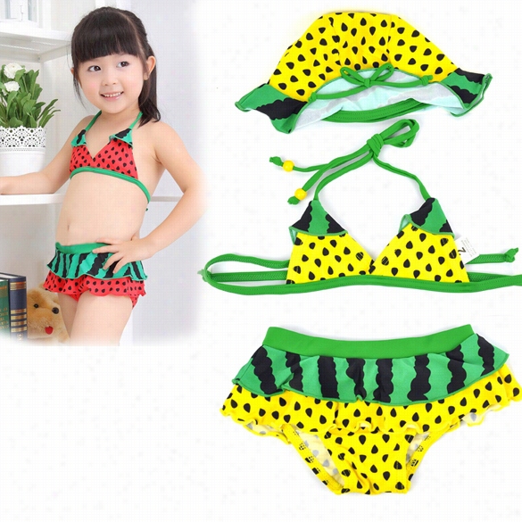 Starting A~ Cute Kid's Girl's Watermelon Bikinis Wimming Suit Swimwear With Swimming Cap 5 Sizes